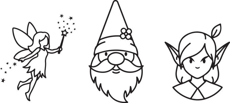 Whimsical fairy gnome and elf characters in a minimalist line art style Isolated on white background