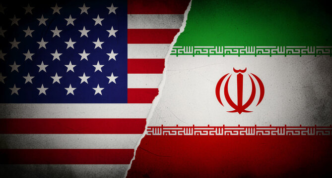 Tattered and torn representations of the United States and Iran flags divided by a jagged separation symbolizing geopolitical tension and conflict