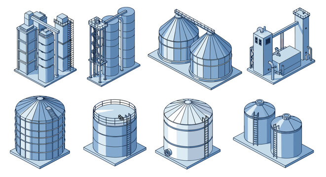 A technical set of isometric industrial icons illustrates various blue steel storage tanks and processing silos used in large scale manufacturing and chemical facilities.