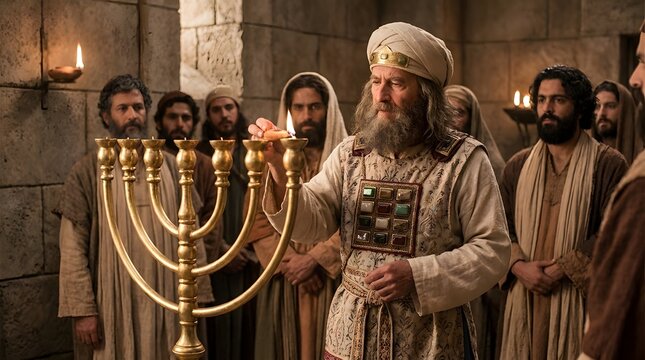 Ancient Hebrew high priest wearing sacred ceremonial vestments lighting the golden menorah lampstand inside a divine temple sanctuary. Historical biblical ritual of worship and spiritual devotion.
