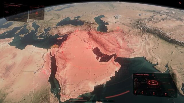 Detailed satellite view of the Middle East and Arabian Peninsula with digital overlays and data visualization