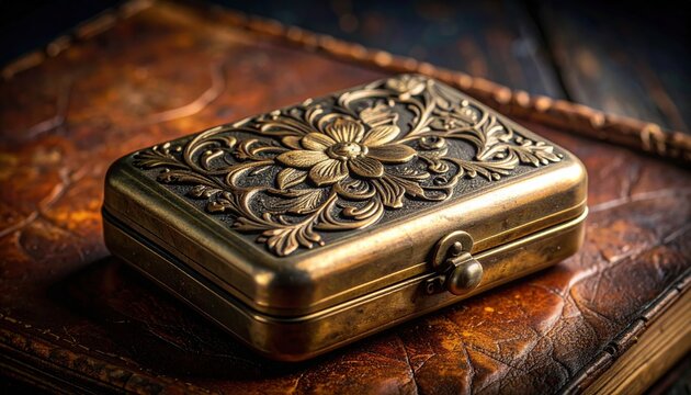 Intricately Embossed Vintage Metal Box with Floral Motifs Resting on a Textured Surface
