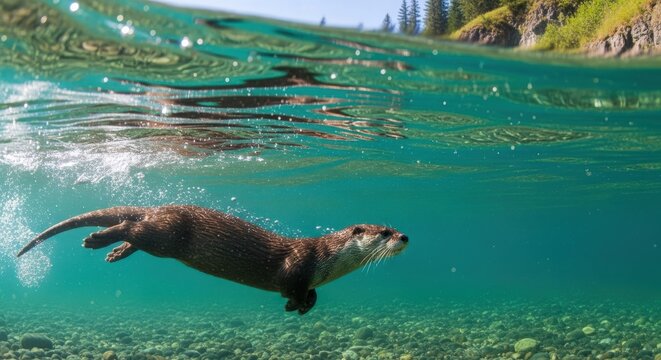 Otters swimming gracefully in clear turquoise waters near a rocky shoreline