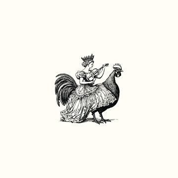 Hand-drawn vintage black ink illustration of a queen wearing a crown and elegant dress riding a rooster while playing a violin