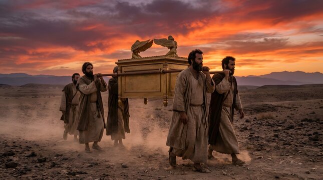 Levite men carry the golden Ark of the Covenant across a desert during a dramatic sunset, showing a historical biblical worship scene and ancient religious tradition in the wilderness.