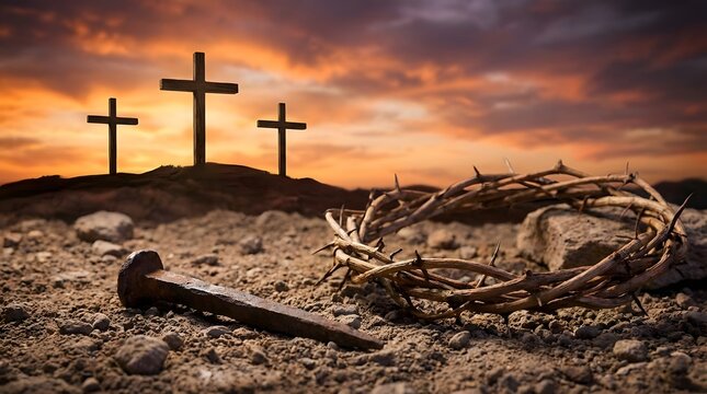 Rusty iron nail and sharp crown of thorns resting on ground before three silhouette crosses on a hill during dramatic golden sunset, symbolic Christian religious crucifixion scene at Calvary.