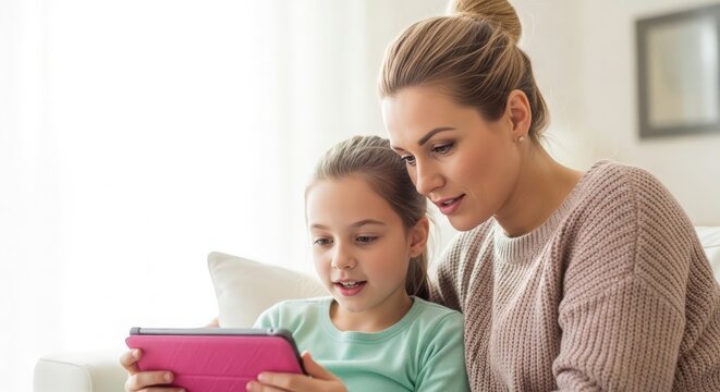 Mother and daughter enjoying a digital storytime together on a tablet device.