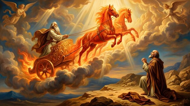 Biblical Prophet Elijah ascending toward heaven in a celestial fiery chariot drawn by horses of fire, witness watching a divine miracle, spiritual religious artwork depicting sacred power.
