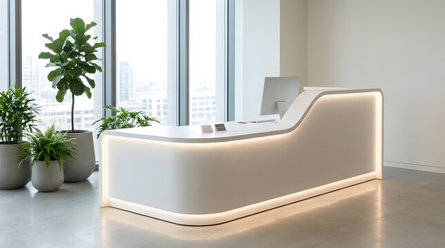 Modern Curved Reception Desk Standing in Bright Minimal Office Lobby