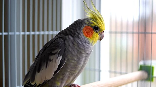 A cockatiel perches inside a cage, yellow crest raised, orange cheeks glowing, gray feathers detailed, illuminated by natural light streaming through a nearby window.
