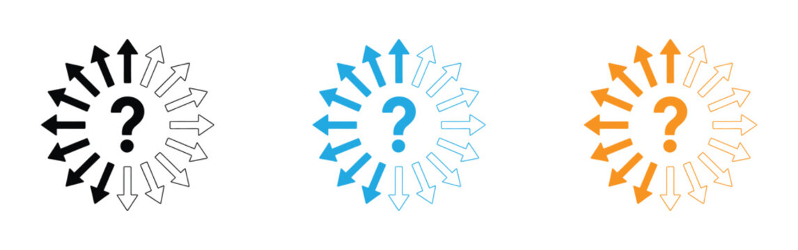 Question Mark Direction Icon Set - Blue Arrows Directions Sign Symbol Vector - Glyph solid icon - Editable modern style icon. Arrows pointing in various directions surround a question mark silhouette
