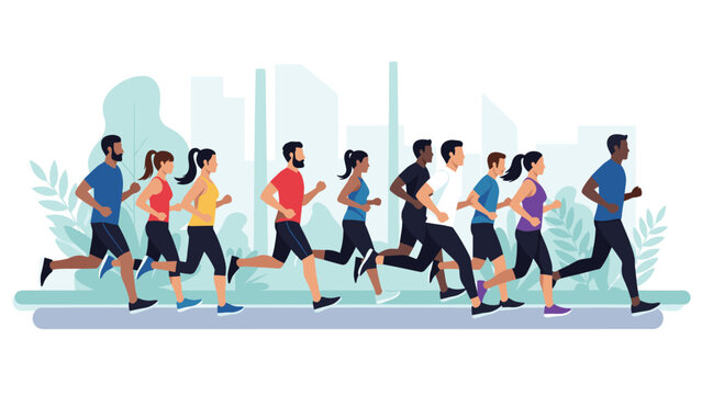 Diverse group of men and women of different ethnicities running together for fitness on a path with a city skyline in the background.