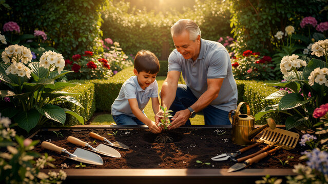 A happy grandfather and his young grandson are joyfully planting a small green seedling together in a raised garden bed, using various gardening tools, beautifully symbolizing intergenerational