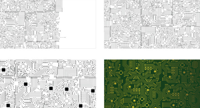 Abstract data flow visualization using electronic circuit line art. Collection of four technology circuit board