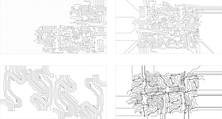 Fototapeta premium Collection of four technology circuit board. Cyber security and digital data flow illustration in black and white. 