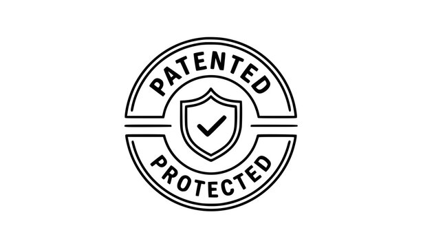 Patented Protected badge icon with shield checkmark modern black line circular emblem flat vector isolated