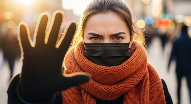 Person wearing mask and gloves on a busy street waving goodbye