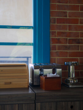Cozy Kitchen Corner with Rustic Brick and Blue Accents