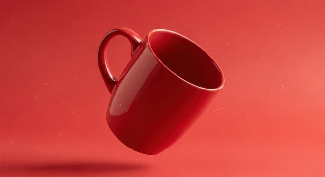 Red Mug Floating in Mid-Air on a Red Background.