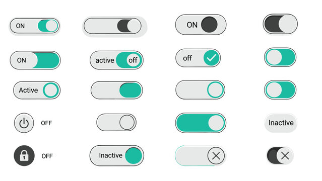 Collection of various user interface toggle switches in active and inactive states for mobile app and web design.