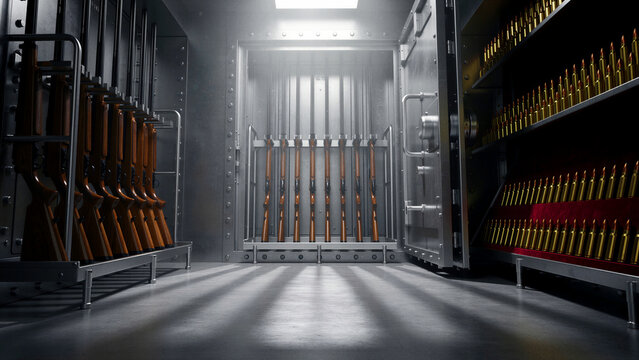 A highly secure, heavily fortified vault showcases an impressive collection of meticulously arranged firearms with classic wooden stocks and gleaming golden ammunition on sturdy shelves, suggesting