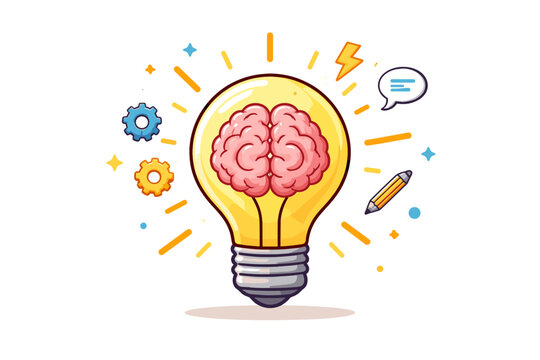 Creative brain inside a glowing light bulb icon representing the process of generating ideas, innovation, problem solving, and intelligence. Simple flat vector illustration for business and education.