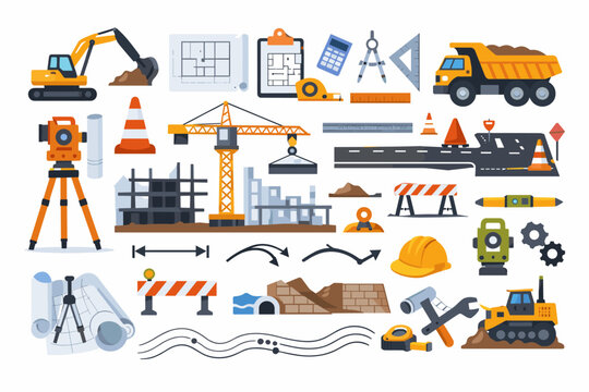 Civil Engineering and Construction Site Icons Set with Heavy Machinery, Excavator, Crane, Dump Truck, Blueprints, Hard Hat, Tools, and Building Infrastructure in Flat Vector Illustration.