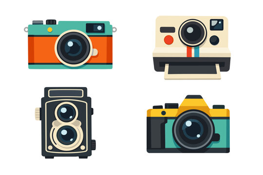 Set of four colorful vintage camera illustrations on a white background. Simple flat vector icons of retro photography equipment including instant film, SLR, TLR, and classic rangefinder cameras.
