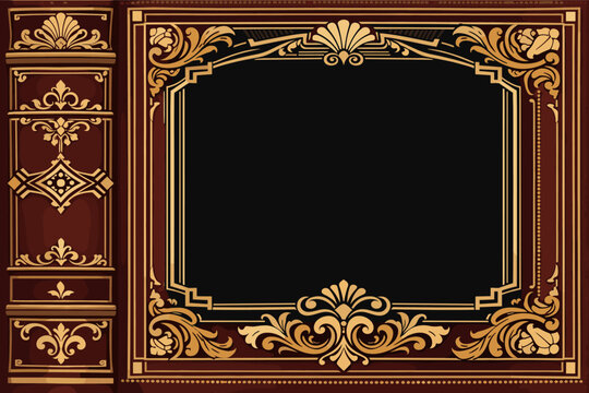 Classic Vintage Book Cover and Spine Design with Ornate Gold Art Deco Baroque Art Nouveau and Victorian Ornaments on Deep Red Leather Texture Background with Black Center Frame for Text