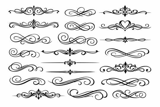 Elegant Set of Calligraphic Swirls and Decorative Flourishes. Vintage Vector Ornaments for Wedding Invitations, Menus, and Certificates. Filigree Dividers, Borders, and Scroll Design Elements.