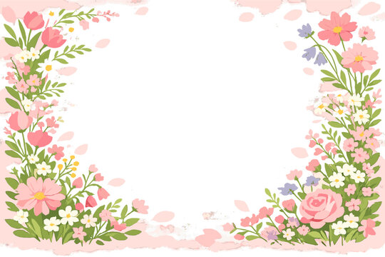 Watercolor floral border with delicate wildflowers and botanical elements. Spring garden blooms frame with pink roses, cosmos, and daisies. Hand-painted vector background for wedding invitations.