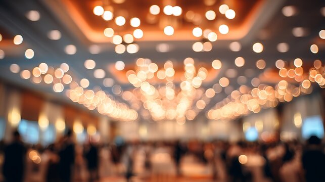 Blurred image of a large event hall with many lights and people.