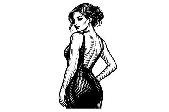 Elegant woman in a sleek backless evening dress looking over her shoulder with a confident fashion pose, stylish black and white engraving style vector illustration for beauty and lifestyle themes.