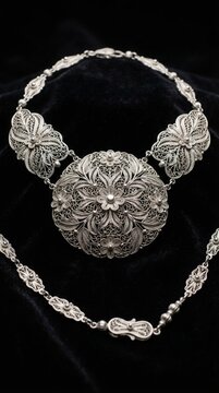 Luxury Indonesian silver filigree jewelry inspired by traditional craftsmanship from Kotagede, Yogyakarta. The intricate handmade silverwork features delicate floral patterns and fine detailing, captu