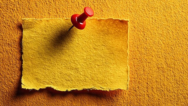 Yellow paper note with red thumbtack pinned to a textured yellow background creates a minimalist space for office reminders and professional task management today