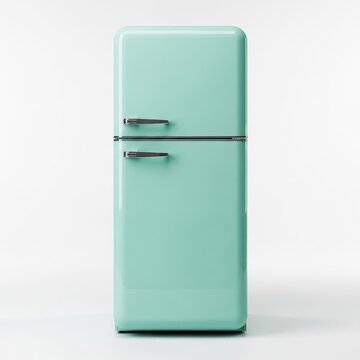 Retro Mint Green Refrigerator Appliance with Chrome Handles.