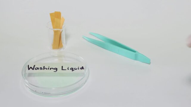 Scientist testing ph level of washing liquid using universal indicator strip in laboratory.