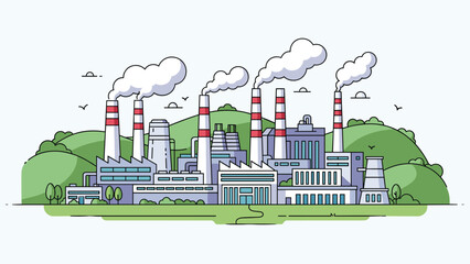 Fototapeta premium Industrial factory landscape featuring multiple smoking chimneys, cooling towers, and factory buildings against green hills.