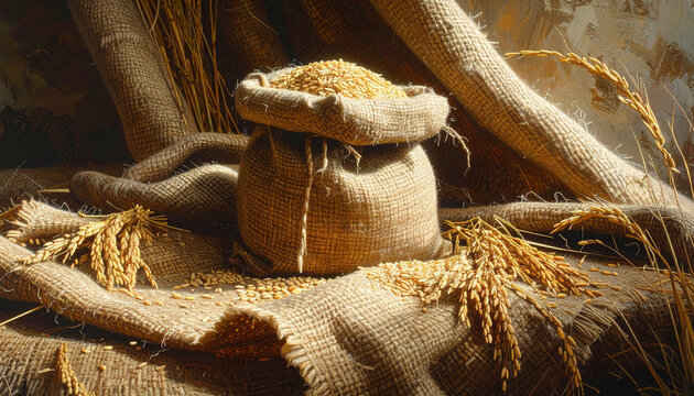 Close up of a burlap sack filled with grain on rough textile background