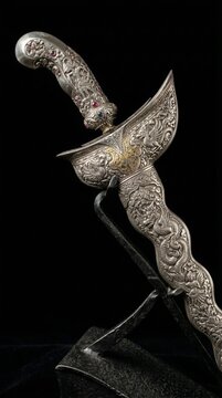 A luxurious silver miniature of the traditional Indonesian keris dagger, featuring an iconic wavy blade and intricate ornamental handle. This handcrafted piece symbolizes Indonesian royal heritage and