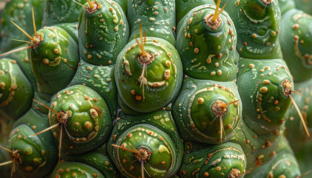 Close up of a green cactus showcasing detailed textures and natural forms