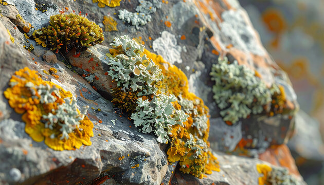 Close up of rock surface with vibrant yellow and green lichen growth