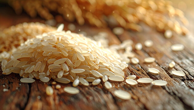 Close up of uncooked rice grains with wheat stalks on a wooden surface