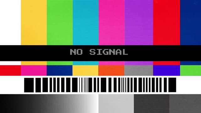 Retro television screen displaying a classic test pattern with a 'NO SIGNAL' message, signifying a broadcast interruption