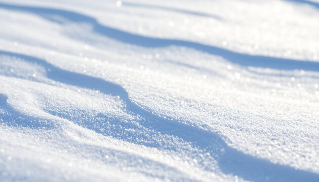 Close up view of fresh snow surface with wavy patterns in bright sunlight