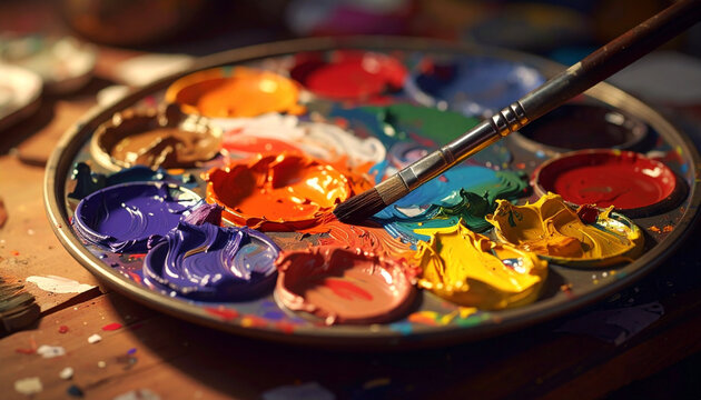 Palette of vibrant paints and brush for artistic creation and design