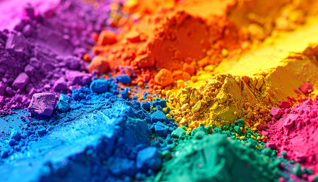 Vibrant colorful powder pigments close up displaying vivid hues and textures