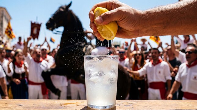 Squeezing lemon into an iced drink during a traditional Spanish horse festival