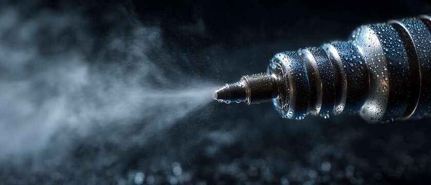 Close-up of a fuel injector spraying a fine mist of fuel.
