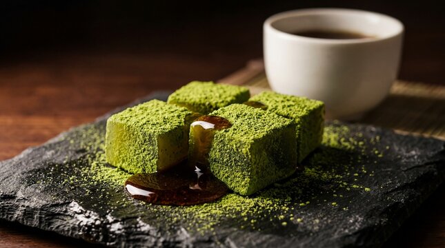 Matcha warabimochi cubes with kuromitsu brown sugar syrup on a black stone plate